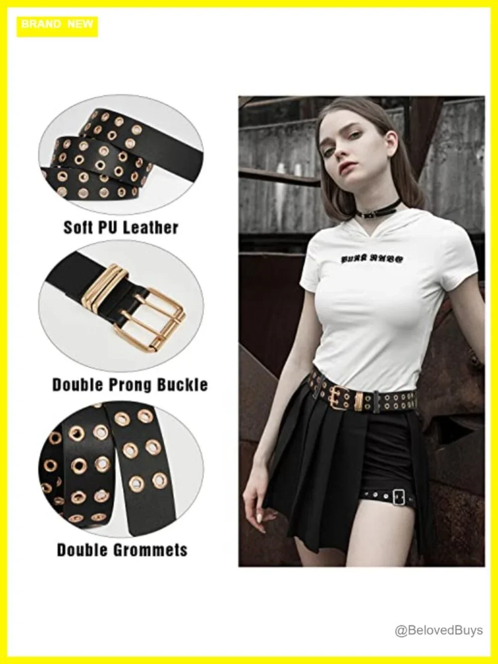 PU Leather Grommet Belt with Detachable Chain Punk Rock Waist Belt for Jeans